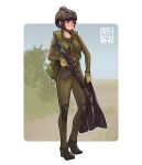  1girl absurdres assault_rifle black_hair brown_hair camouflage camouflage_jacket closed_mouth diving_suit fins full_body gloves green_gloves ground_vehicle gun hat helmet highres holding holding_gun holding_weapon howa_type_89 jacket long_sleeves military military_hat military_uniform military_vehicle motor_vehicle original rifle short_hair simple_background solo tank uniform vest weapon white_background willy_pete 