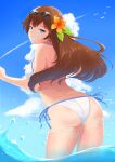  1girl absurdres ass asymmetrical_bangs back bangs beach bikini blue_eyes blue_sky brown_hair buttslayer cloud earrings flower grin guardian_tales hair_flower hair_ornament highres jewelry long_hair looking_at_viewer morning scientist_on_the_beach_sohee sky smile sunglasses swimsuit water white_bikini 