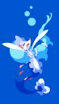  :d absurdres blue_background blue_eyes enishi_(menkura-rin10) fang full_body gen_7_pokemon highres no_humans open_mouth outstretched_arms pokemon pokemon_(creature) primarina simple_background skin_fang smile solo tongue white_eyelashes 