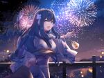  1girl 1other :d arknights astesia_(arknights) bangs blue_eyes blue_hair breasts chinese_commentary commentary_request eyebrows_visible_through_hair fireworks holding holding_hands index_finger_raised japanese_clothes kimono large_breasts lingshalan long_sleeves looking_at_viewer night open_mouth out_of_frame outdoors pointing pov purple_hair purple_kimono railing red_hair simple_background smile solo_focus upper_body wide_sleeves 