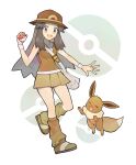  1girl :d bag breasts brown_eyes brown_footwear brown_hair brown_headwear brown_legwear brown_shirt brown_skirt bucket_hat chinese_commentary commentary_request eevee eyelashes gen_1_pokemon grey_bag hair_flaps hat highres holding holding_poke_ball leaf_(pokemon) long_hair loose_socks messenger_bag open_mouth pleated_skirt poke_ball poke_ball_symbol pokemon pokemon_(creature) pokemon_(game) pokemon_masters_ex rata_(m40929) shirt shoes shoulder_bag skirt sleeveless sleeveless_shirt smile tongue vs_seeker white_wristband wristband 