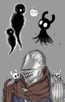 ? arizuka_(catacombe) armor brown_gloves chain commentary_request dark_souls_i ghost gloves glowing glowing_eyes grey_background hand_up helm helmet highres hollow_knight humanity_(dark_souls) knight_(hollow_knight) looking_at_another shade_(hollow_knight) souls_(series) spoken_question_mark sweatdrop upper_body weapon white_eyes zote 