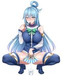  1girl absurdres aqua_(konosuba) bangs bare_shoulders blue_eyes blue_hair blush boots bottomless breasts clenched_teeth covering covering_crotch cup detached_sleeves hair_ornament hair_rings hand_fan highres kono_subarashii_sekai_ni_shukufuku_wo! large_breasts long_hair looking_at_viewer pee_in_container peeing simple_background smile solo split squatting tears teeth thigh_boots thighhighs thighs very_long_hair yakimi_27 