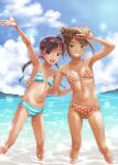  2girls :d arm_around_waist arm_up armpits bangs bikini black_hair blue_bikini blue_eyes blue_sky brown_hair cameltoe cloud cloudy_sky commentary_request day double_bun eyebrows_visible_through_hair flat_chest green_eyes grin hair_bobbles hair_ornament highres leaning_to_the_side lens_flare looking_at_viewer low_twintails malcorond multiple_girls navel open_mouth original outdoors polka_dot polka_dot_bikini red_bikini short_hair skindentation sky smile splashing standing string_bikini striped striped_bikini swept_bangs swimsuit tan tanlines twintails v wading water waving 