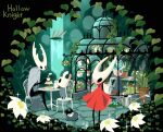  1girl arizuka_(catacombe) broken_vessel_(hollow_knight) chair cloak copyright_name flower food grimmchild hollow_knight hollow_knight_(character) hornet_(hollow_knight) knight_(hollow_knight) lily_pad plant potted_plant purple_flower red_cloak sitting sleeping standing table watering_can white_coak white_flower 