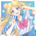  1girl :d bishoujo_senshi_sailor_moon blonde_hair blue_background blue_eyes blue_sailor_collar blue_skirt blush border collarbone collared_shirt double_bun floating_hair hair_intakes long_hair looking_at_viewer meguru_(dagmin) open_mouth outside_border pink_neckwear pleated_skirt sailor_collar sailor_shirt school_uniform serafuku shiny shiny_hair shirt short_sleeves skirt smile solo tsukino_usagi very_long_hair w white_border white_shirt 