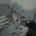  2boys absurdres avogado6 bite_mark bleeding blood blood_string commentary_request covered_eyes fangs fingernails grey_hair hair_between_eyes highres male_focus multiple_boys nail_polish open_mouth original parted_lips pointy_ears red_nails vampire 