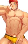  1boy abs bara blue_eyes blush boxer_briefs bulge cowboy_shot heterochromia highres large_pectorals long_sideburns looking_at_viewer male_focus male_pubic_hair male_underwear muscular muscular_male navel nipples orange_eyes pectorals penis_peek pointing pointing_at_self pollux_(tokyo_houkago_summoners) pout pubic_hair pulled_by_self red_hair sekiko_(akatora3373a) short_hair sideburns solo stomach thick_thighs thighs tokyo_houkago_summoners underwear underwear_only underwear_pull white_background yellow_male_underwear 