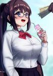  1girl :d absurdres black-framed_eyewear blush bow breasts dark_skin drink glasses hand_up hands highres holding holding_drink juice_box karaage_bou large_breasts long_hair long_sleeves money open_mouth original red_bow school_uniform smile solo_focus uniform 