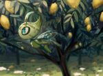  blue_eyes blurry celebi commentary_request flying food from_side fruit gen_2_pokemon highres leaf lemon mythical_pokemon no_humans pokemon pokemon_(creature) solo yukifuri_tsuyu 
