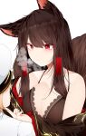  1girl absurdres akagi_(azur_lane) ambiguous_gender animal_ears azur_lane bare_shoulders bra breasts brown_bra brown_hair brown_kimono brown_tail cleavage commander_(azur_lane) eyebrows_visible_through_hair heart heart-shaped_pupils highres japanese_clothes kimono kitsune lace-trimmed_bra lace_trim large_breasts long_hair orange_hair red_eyes samip simple_background symbol-shaped_pupils underwear white_background 