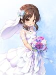  1girl blush bouquet braid breasts bridal_veil bride brown_eyes brown_hair covered_nipples dress elbow_gloves flower gloves highres holding holding_bouquet idolmaster idolmaster_cinderella_girls japanese_clothes musouzuki perky_breasts rose tachibana_arisu veil wedding_dress white_dress white_gloves 