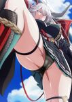  1girl :d antenna_hair armor asymmetrical_horns azur_lane bangs black_dress black_gloves black_panties blue_sky breasts brown_sash cleavage cloud commentary_request cowboy_shot day dress eyebrows_visible_through_hair from_below gloves groin hair_between_eyes hakuryuu_(azur_lane) highres holding holding_sword holding_weapon horns huge_weapon japanese_armor large_breasts looking_at_viewer makiri_akira open_mouth panties partial_commentary pleated_dress sash short_dress sideboob sidelocks silver_hair skindentation sky smile solo standing standing_on_one_leg suneate sword thigh_strap underwear upper_teeth upskirt weapon white_eyes white_sash wide_sleeves 