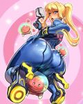  1girl ass bangs banned_artist blonde_hair blue_eyes blush bodysuit breasts gun highres large_breasts long_hair looking_at_viewer metroid metroid_(creature) mole mole_under_mouth ponytail reiq samus_aran simple_background skin_tight smile solo very_long_hair weapon zero_suit 