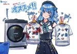  021_shiro 1girl aqua_neckwear axe bangs beret black_headwear black_shirt black_skirt blood bloody_clothes blue_hair comet commentary crown earrings hat highres hololive hoshimachi_suisei jewelry juice_box laundry laundry_basket long_hair microphone neck_ribbon one_side_up ribbon shirt short_sleeves skirt solo star_(symbol) t-shirt translation_request washing_machine 