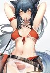  1girl absurdres animal_ears arknights arm_strap armpits arms_up bangs bare_shoulders belt bikini black_belt black_hair blush breasts commentary cowboy_shot eyebrows_visible_through_hair front-tie_bikini front-tie_top gradient gradient_background grey_background hair_between_eyes hair_tie_in_mouth highres long_hair looking_at_viewer medium_breasts mouth_hold navel o-ring o-ring_bikini red_bikini solo standing stomach swimsuit tab_head tail texas_(arknights) wolf_ears wolf_tail yellow_eyes 