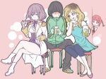  1boy 3girls alcohol asukagawa_chise black_hair black_pants blonde_hair blue_dress blue_eyes boots brown_hair crossed_legs cup dress drink drinking_glass epaulettes gloves gradient_hair gridman_universe high_heels jacket jealous leaning_on_person long_hair long_sleeves mujina multicolored_hair multiple_girls pants peeking pink_background purple_neckwear red_hair sandals short_sleeves shorts sitting ssss.dynazenon stool suika_(suika-dokei) sweatdrop track_jacket uniform white_footwear white_gloves wine_glass yamanaka_koyomi 