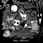  1boy 1girl 1other arizuka_(catacombe) bare_tree bat brooch cloak commentary copyright_name cravat english_commentary english_text eyeliner flower full_body full_moon graveyard greyscale grimmchild halloween happy_halloween hat highres holding holding_lantern hollow_eyes hollow_knight hornet_(hollow_knight) horns jack-o&#039;-lantern jewelry knight_(hollow_knight) lantern looking_at_viewer makeup monochrome moon outdoors rose spot_color standing tombstone top_hat tree wings 