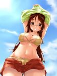  1girl armpits bikini blush breasts brown_eyes brown_hair collarbone eyebrows_visible_through_hair glasses grin jewelry june_(ne_z_asa) k-on! large_breasts long_hair looking_at_viewer looking_down navel necklace parted_lips red_shorts shiny shiny_hair shorts sky smile solo swimsuit undressing yamanaka_sawako yellow_bikini 