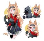  1girl 1other :d animal_ears archetto_(arknights) arknights beer_mug black_coat black_corset black_dress blonde_hair blue_eyes cape coat corset cup doctor_(arknights) dress gloves heterochromia holding holding_cup holding_paper hooded_coat long_hair mug odmised open_mouth paper red_cape red_eyes smile tail visor white_background wrist_guards 