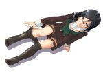  1girl black_hair black_legwear blue_eyes blush breasts closed_mouth clothes_pull collarbone feet from_above glasses green_neckwear hibike!_euphonium june_(ne_z_asa) long_hair looking_at_viewer looking_up medium_breasts neckerchief pantyhose pantyhose_pull school_uniform shiny shiny_hair shiny_skin simple_background sitting smile solo tanaka_asuka white_background 
