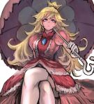 1girl 6maker blonde_hair blue_eyes crossed_legs crown dress elbow_gloves gloves highres long_hair looking_at_viewer pink_dress princess_peach simple_background sitting solo super_smash_bros. thighhighs thighs white_gloves 