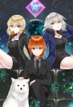  3girls absurdres ahoge animal artoria_pendragon_(all) ayamu_(igakato) bangs blonde_hair bread breasts bug building butterfly cavall_the_2nd coat dog dress eyebrows_behind_hair eyebrows_visible_through_hair fate/grand_order fate_(series) food fujimaru_ritsuka_(female) hair_between_eyes highres hood hooded_jacket hoodie in_mouth insect jacket jeanne_d&#039;arc_(alter)_(fate) jeanne_d&#039;arc_(fate)_(all) jewelry long_hair looking_at_viewer multiple_girls necklace necktie night night_sky open_mouth orange_eyes orange_hair pants ponytail saber_alter shirt short_hair shorts silver_hair sitting sky wicked_dragon_witch_ver._shinjuku_1999 yellow_eyes 