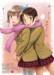  2021 2girls :d blush brown_hair fingernails green_eyes happy_new_year heart highres hug hug_from_behind jacket long_sleeves looking_at_viewer malcorond miniskirt multiple_girls new_year open_mouth original pink_scarf pleated_skirt purple_eyes red_skirt scarf school_uniform shared_scarf short_hair signature skindentation skirt smile thighhighs translation_request white_legwear wide-eyed yellow_jacket yuri 