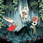  arizuka_(catacombe) bouquet broken_vessel_(hollow_knight) cloak flower highres holding holding_bouquet holding_flower hollow_eyes hollow_knight hollow_knight_(character) hornet_(hollow_knight) horns knight_(hollow_knight) looking_at_another nature no_humans red_flower simple_background sitting standing weapon 