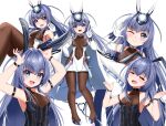  1girl :3 :d ;3 =_= animal_ears arm_behind_back arm_strap armpits arms_up azur_lane baiyin_(sif123456) bangs bare_shoulders black_footwear black_legwear black_leotard blue_eyes blue_hair blush bodystocking breasts bunny_ears child chinese_commentary closed_eyes closed_mouth coat coat_on_shoulders collarbone commentary_request covered_collarbone covered_navel cowboy_shot dress elbow_gloves eyebrows_visible_through_hair fake_animal_ears fang flats floating_hair full_body gloves hair_between_eyes hair_intakes hand_up head_tilt headgear highres leotard long_hair looking_at_viewer mixed-language_commentary multiple_views new_jersey_(azur_lane) new_jersey_(exhilarating_steps!)_(azur_lane) official_alternate_costume one_eye_closed open_mouth outstretched_arms playboy_bunny side_cutout sidelocks simple_background skin_fang small_breasts smile spread_arms standing uma_pyoi_densetsu umamusume upper_body v very_long_hair white_background white_coat white_dress white_gloves wristband younger 