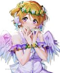  1girl brown_hair closed_mouth eyebrows_visible_through_hair fingernails flower flower_bracelet green_nails hair_between_eyes hair_flower hair_ornament head_wreath highres koizumi_hanayo light_smile looking_at_viewer love_live! love_live!_school_idol_project nail_polish nakano_maru purple_eyes short_hair simple_background smile solo twitter_username two_side_up upper_body white_background wings 