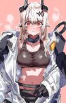  1girl arknights black_gloves breasts gloves highres horns hot large_breasts long_hair mudrock_(arknights) na_tarapisu153 navel pink_background pointy_ears pov pov_hands red_eyes steam sweat undressing_another white_hair 
