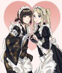  2girls absurdres apron b1tchespeaches bandaged_arm bandages black_hair blonde_hair blue_eyes commission commissioner_upload green_eyes heart heart_hands heart_hands_duo highres japanese_clothes kimono maid maid_headdress mole mole_under_eye multiple_girls original ponytail smile wa_maid 