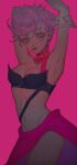  1girl armpits arms_up asakare breasts cleavage cowboy_shot grey_eyes highres jojo_no_kimyou_na_bouken medium_breasts navel pink_background pink_hair short_hair simple_background solo trish_una vento_aureo 