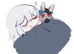  2girls animalization arknights ascot bangs black_headwear black_neckwear blanket bunny grey_fur hair_between_eyes lowres multiple_girls red_eyes silver_hair skadi_(arknights) sleeping specter_(arknights) symbol_commentary uwu zhu_mianzi zzz 