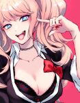  1girl amido_(compassion273) bangs black_bra black_choker black_shirt blonde_hair blue_eyes bow bra breasts choker cleavage commentary_request danganronpa:_trigger_happy_havoc danganronpa_(series) enoshima_junko eyebrows_visible_through_hair hair_ornament highres large_breasts long_hair nail_polish pink_background red_bow red_bra red_nails shiny shiny_hair shirt simple_background smile solo tongue tongue_out twintails underwear upper_teeth 