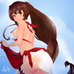  1girl ass bikini blue_sky brown_hair cloud cowboy_shot kantai_collection long_hair looking_at_viewer one-hour_drawing_challenge ponytail red_eyes righgi sarong signature sky solo standing swimsuit white_bikini yamato_(kancolle) 