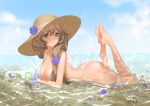  1girl absurdres aidongdong0069 bangs bare_arms bare_legs barefoot bikini breasts brown_hair cleavage closed_mouth commentary_request cup feet_up flower from_side genshin_impact green_eyes hair_between_eyes hair_flower hair_ornament highres large_breasts lisa_(genshin_impact) long_hair looking_at_viewer lying on_stomach outdoors partially_submerged petals purple_flower purple_rose rose signature smile solo swimsuit the_pose thigh_strap tropical_drink water white_bikini 