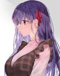  1girl bangs blue_eyes breasts brown_dress commentary_request dress earrings eyebrows_visible_through_hair fate/stay_night fate_(series) grey_background hair_ribbon highres jewelry long_hair matou_sakura plaid plaid_dress profile purple_eyes purple_hair red_ribbon ribbon shimatori_(sanyyyy) shiny shiny_hair simple_background solo sweater 
