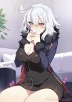  1girl bangs black_dress blush breasts cleavage coat dress fate/grand_order fate_(series) fur-trimmed_coat fur-trimmed_sleeves fur_trim highres jeanne_d&#039;arc_(alter)_(fate) jeanne_d&#039;arc_(fate)_(all) large_breasts long_sleeves short_hair solo wicked_dragon_witch_ver._shinjuku_1999 yellow_eyes zeroshiki_kouichi 