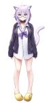  1girl :3 absurdres ahoge alternate_costume animal_collar animal_ears bangs bare_legs black_cardigan black_collar blunt_bangs bow bowtie cardigan cat_ears cat_girl cat_tail closed_mouth collar collared_shirt crocs dress_shirt glasses highres hololive looking_at_viewer loose_bowtie nekomata_okayu no_pants partially_unbuttoned pink-framed_eyewear purple_eyes purple_hair purple_neckwear sandals school_uniform semi-rimless_eyewear shirt short_hair smile solo tail uetaku virtual_youtuber white_shirt 