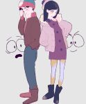  1boy 1girl black_footwear black_hair blue_eyes blush boots brown_footwear brown_jacket closed_eyes denim hand_in_pocket hand_up highres hood hood_down jacket jeans matatatatabi pants purple_jacket simple_background south_park stan_marsh standing wendy_testaburger 