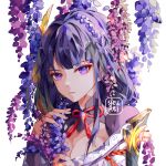  1girl armor artist_name bangs blunt_bangs braid breasts cleavage closed_mouth commentary english_commentary eyebrows_visible_through_hair eyeshadow flower genshin_impact hair_flower hair_ornament japanese_clothes large_breasts long_hair looking_at_viewer makeup mole mole_under_eye purple_eyes purple_flower purple_hair purple_lips raiden_(genshin_impact) red_eyeshadow shoulder_armor solo symbol_commentary tassel white_background yeurei 