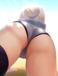  1girl all_fours ass ass_focus black_legwear blonde_hair blurry close-up depth_of_field grey_buruma hair_bun irori_(irorixc) sennen_sensou_aigis serra_(sennen_sensou_aigis) short_hair single_thighhigh solo sweat thighhighs 