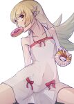  1girl bakemonogatari blonde_hair blush_stickers breasts cleavage collarbone doughnut dress fang food food_in_mouth highres long_hair looking_at_viewer monogatari_(series) mouth_hold neo_(tyottama) oshino_shinobu pointy_ears simple_background small_breasts solo white_background white_dress yellow_eyes 