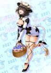  1girl 2021 animal_ears ankle_ribbon basket bell blue_eyes bottle breasts brown_hair chinese_zodiac cleavage cleavage_cutout clothing_cutout commentary_request cow_ears cow_girl cow_horns dress full_body happy_new_year high_heels horns large_breasts leg_strap lioreo milk milk_bottle neck_bell nengajou new_year o-ring original red_ribbon ribbon short_dress short_hair solo standing standing_on_one_leg tail year_of_the_ox 
