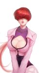  1girl a494800 absurdres bangs breasts buttons cleavage clothing_cutout commentary_request covered_collarbone cropped_jacket hair_over_eyes highres jacket large_breasts lips long_hair long_sleeves low_ponytail parted_lips pink_jacket red_hair shermie_(kof) shiny shiny_hair shiny_skin simple_background solo the_king_of_fighters tied_hair upper_body 