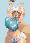  1girl armpits arms_up blonde_hair blue_background blush breasts bright_pupils chanta_(ayatakaoisii) covered_nipples crop_top hat highres huge_breasts midriff navel open_mouth pillow_hat shirt short_hair shorts simple_background sleeveless sleeveless_shirt smile solo touhou volleyball white_headwear white_pupils white_shorts yakumo_ran yellow_eyes 