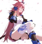  1girl absurdres animal_ears blue_gloves closed_eyes closed_mouth fox_ears gloves hand_on_own_leg headphones highres holding honkai_(series) honkai_impact_3rd invisible_chair katana long_hair petals pink_hair sheath sheathed short_sleeves simple_background single_glove sitting sword tcl-mo uneven_legwear weapon white_background white_legwear yae_sakura yae_sakura_(goushinnso_memento) 