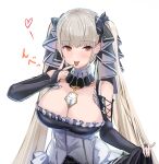  1girl azur_lane blush bow breasts choker cleavage detached_sleeves earrings eyebrows_visible_through_hair formidable_(azur_lane) hair_bow heart hey_taisyou highres jewelry large_breasts long_hair maid red_eyes simple_background solo tongue tongue_out twintails upper_body white_background 